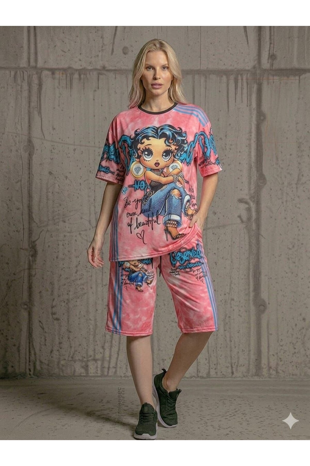 TREND DIGITAL STONE PRINT EMBROIDERY SEQUIN OVERSIZE SHORT SLEEVE SPORTS SUIT-DIGITAL STONE PRINT TRACKSUITSET