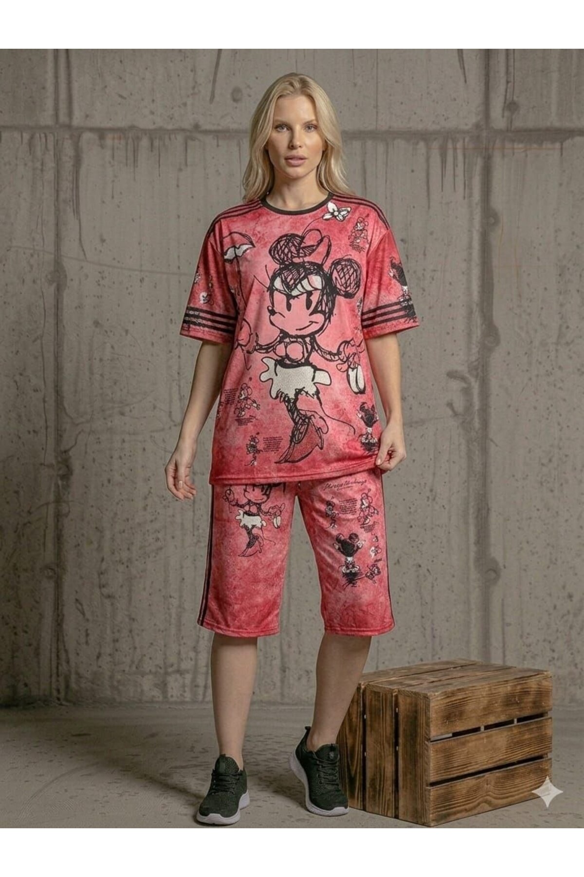 TREND DIGITAL STONE PRINT EMBROIDERY SEQUIN OVERSIZE SHORT SLEEVE SPORTS SUIT-DIGITAL STONE PRINT TRACKSUITSET
