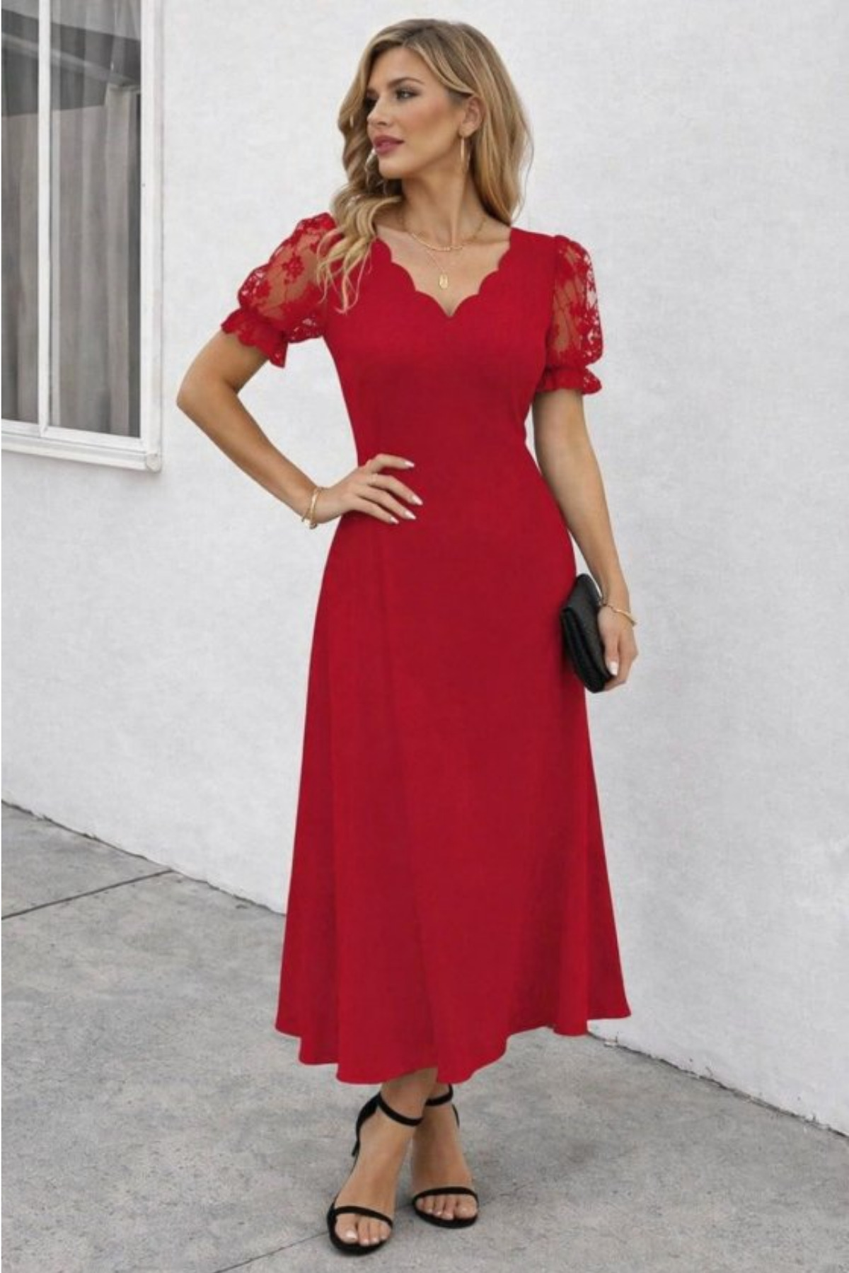 New Season Women's Lace Sleeve Detail V-Neck Long Janjan Dress