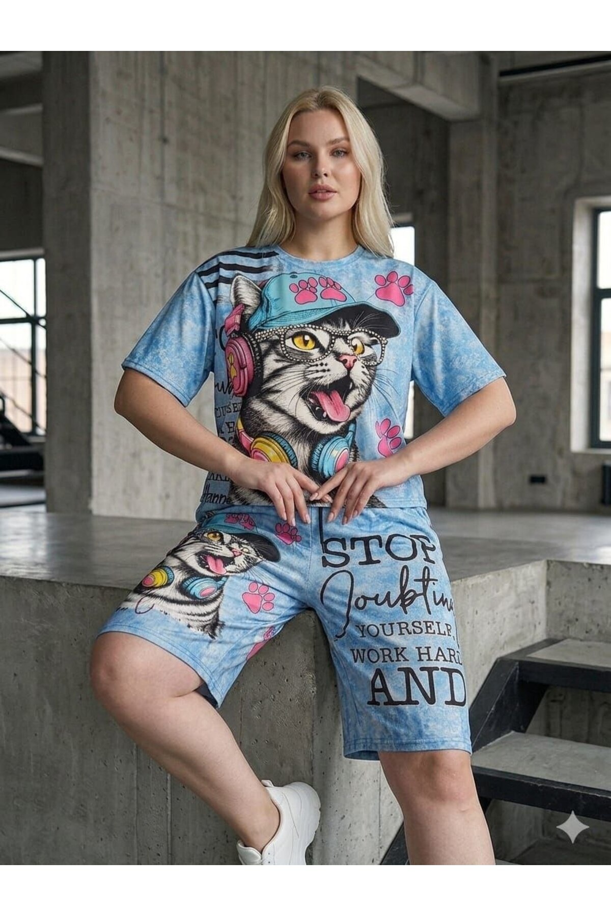TREND DIGITAL STONE PRINT EMBROIDERY SEQUIN OVERSIZE SHORT SLEEVE SPORTS SUIT-DIGITAL STONE PRINT TRACKSUITSET