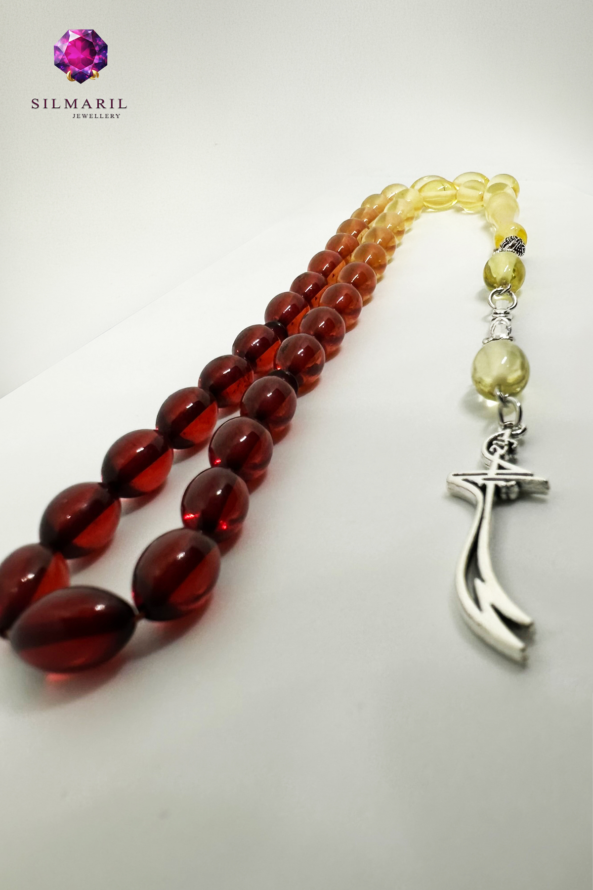 Çay Süzmesi Sıkma Kehribar Tespih Renk Geçişli Damla Kesim Zülfikar Figürlü Püskül Koleksiyonluk — Silmaril Store (6)