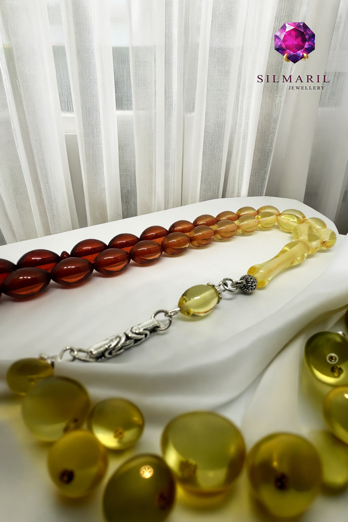 Çay Süzmesi Sıkma Kehribar Tespih Renk Geçişli Damla Kesim Zülfikar Figürlü Püskül Koleksiyonluk — Silmaril Store (5)