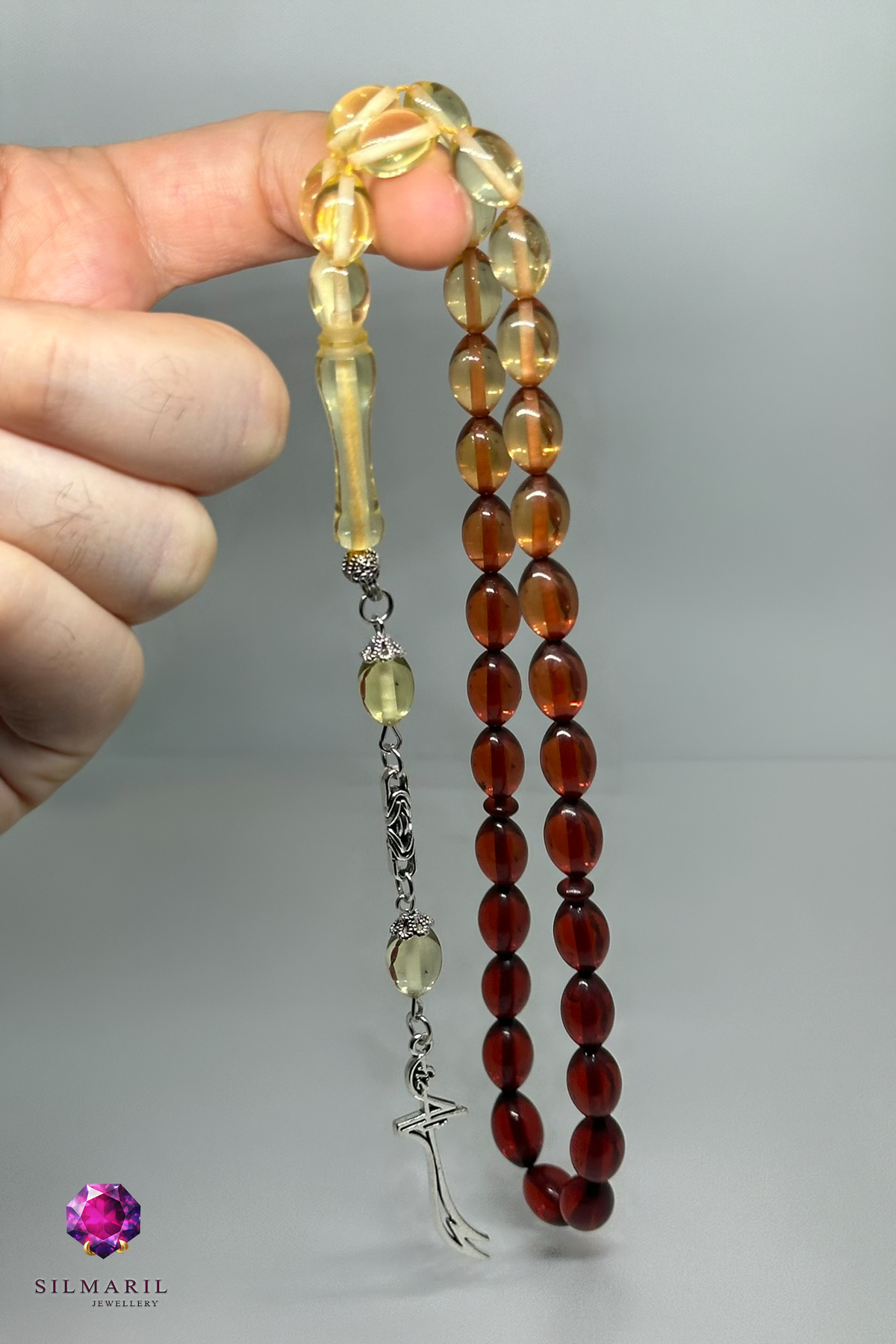 Çay Süzmesi Sıkma Kehribar Tespih Renk Geçişli Damla Kesim Zülfikar Figürlü Püskül Koleksiyonluk — Silmaril Store (7)