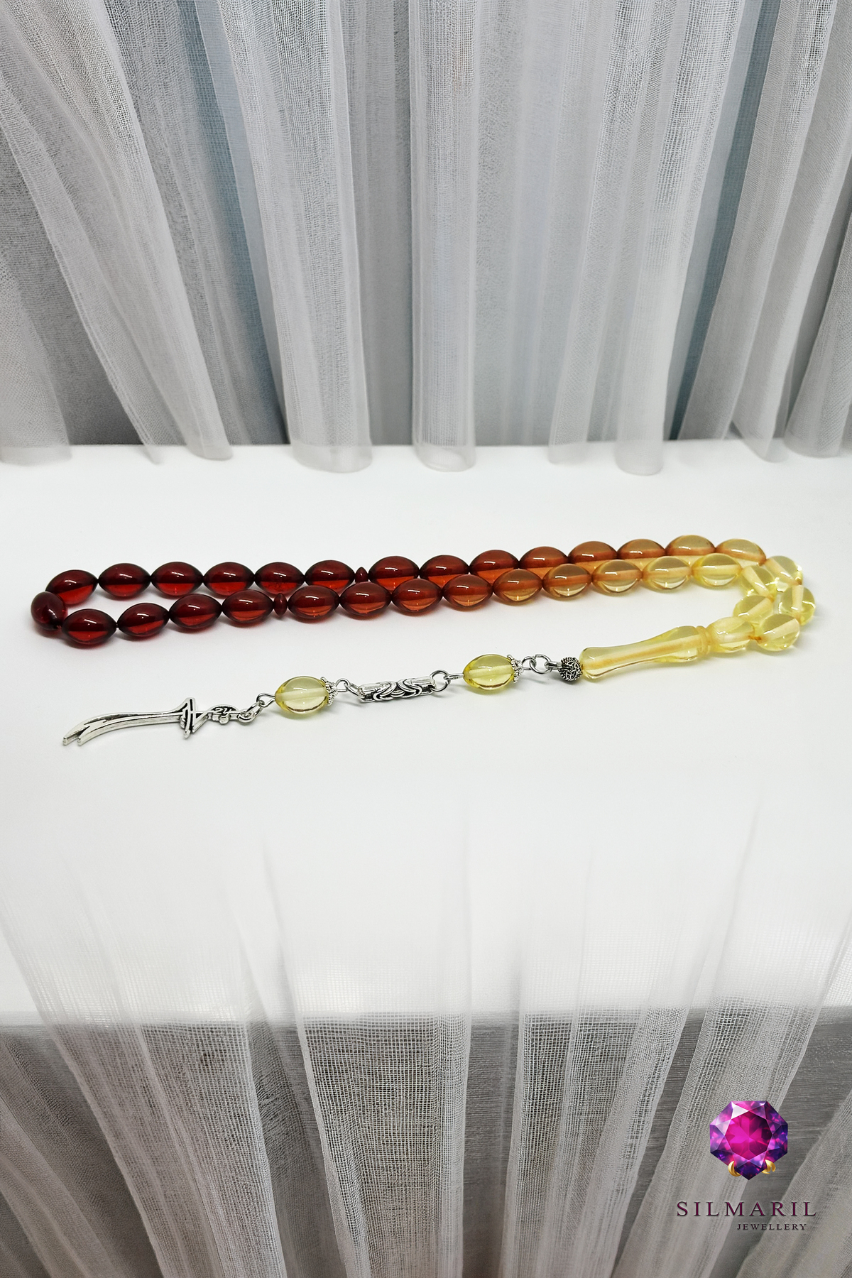 Çay Süzmesi Sıkma Kehribar Tespih Renk Geçişli Damla Kesim Zülfikar Figürlü Püskül Koleksiyonluk — Silmaril Store (2)