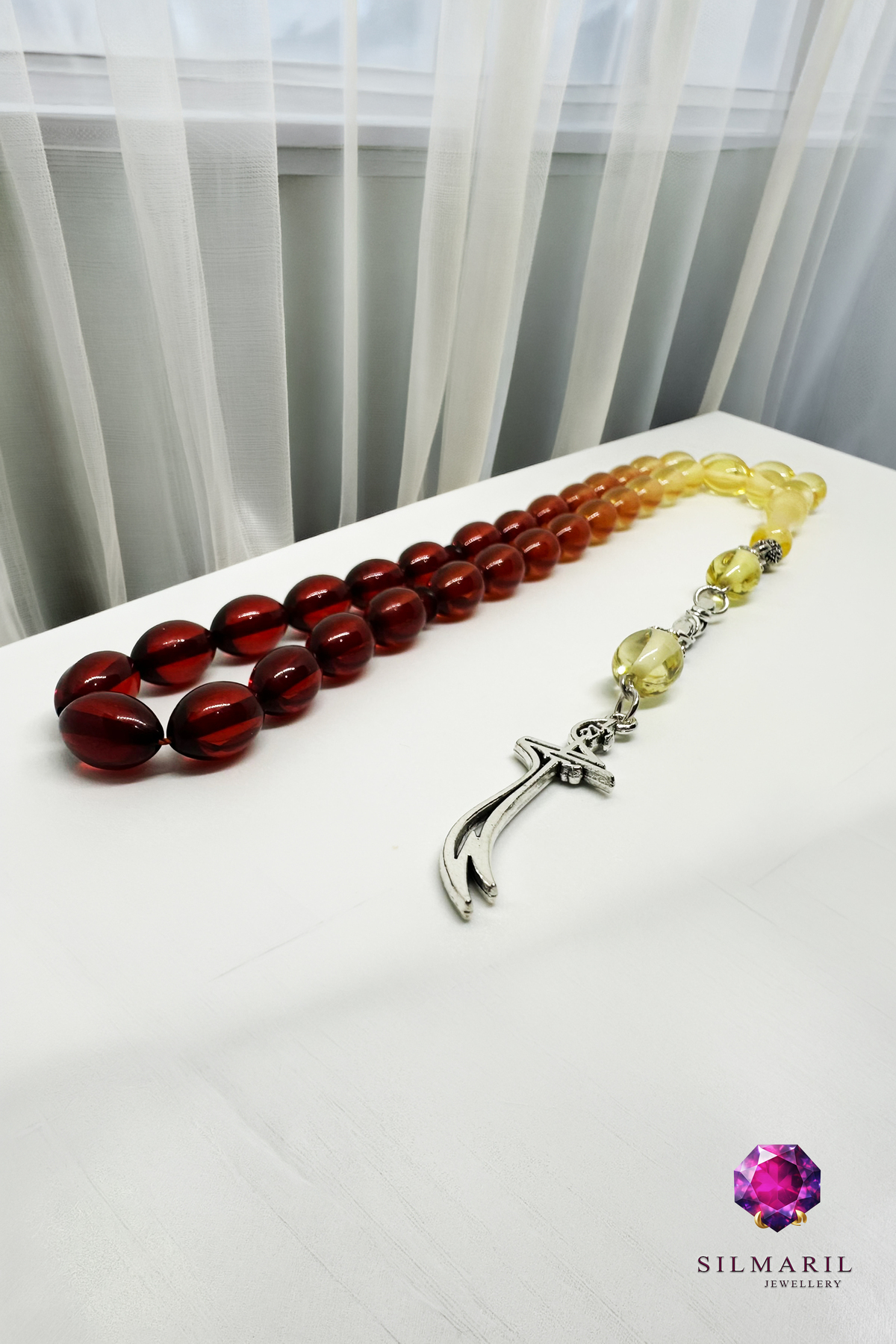 Çay Süzmesi Sıkma Kehribar Tespih Renk Geçişli Damla Kesim Zülfikar Figürlü Püskül Koleksiyonluk — Silmaril Store (3)