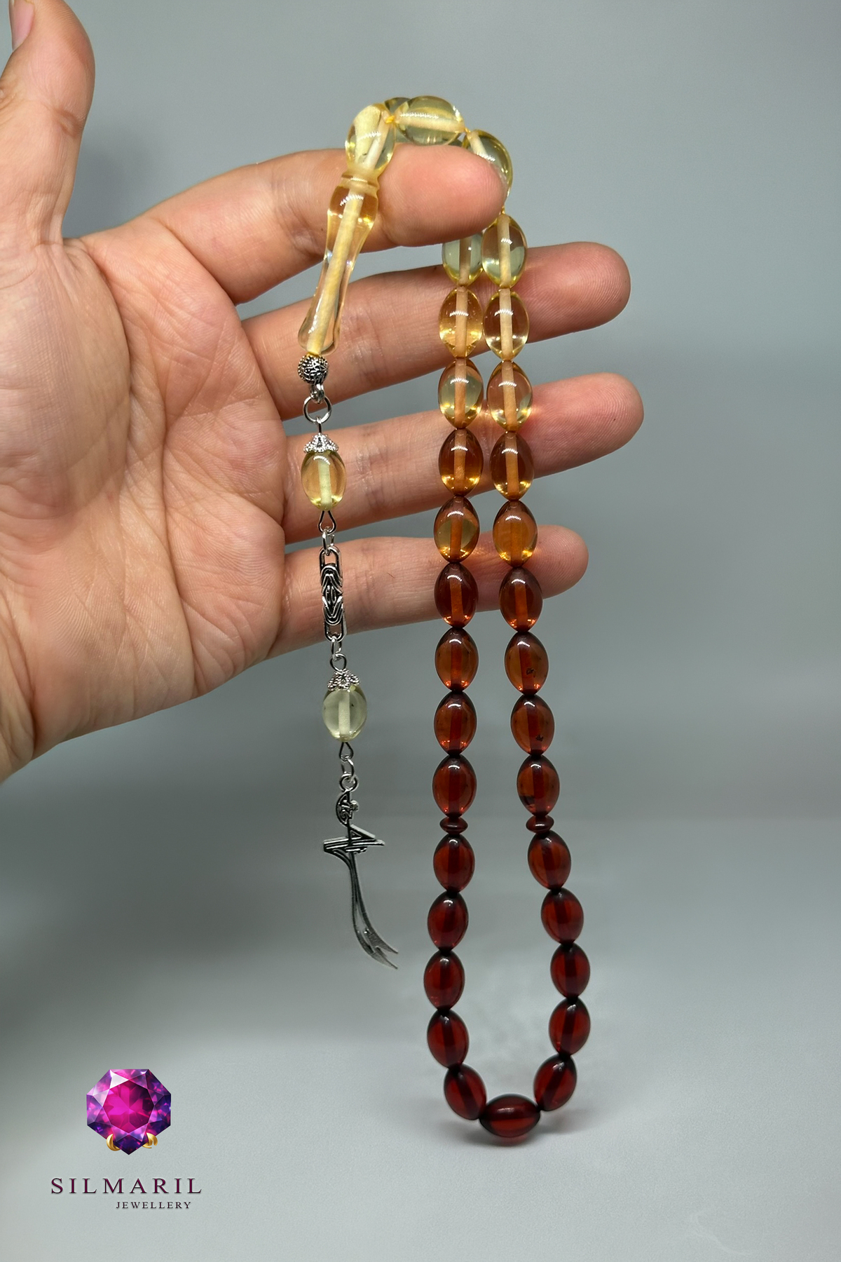 Çay Süzmesi Sıkma Kehribar Tespih Renk Geçişli Damla Kesim Zülfikar Figürlü Püskül Koleksiyonluk — Silmaril Store (8)