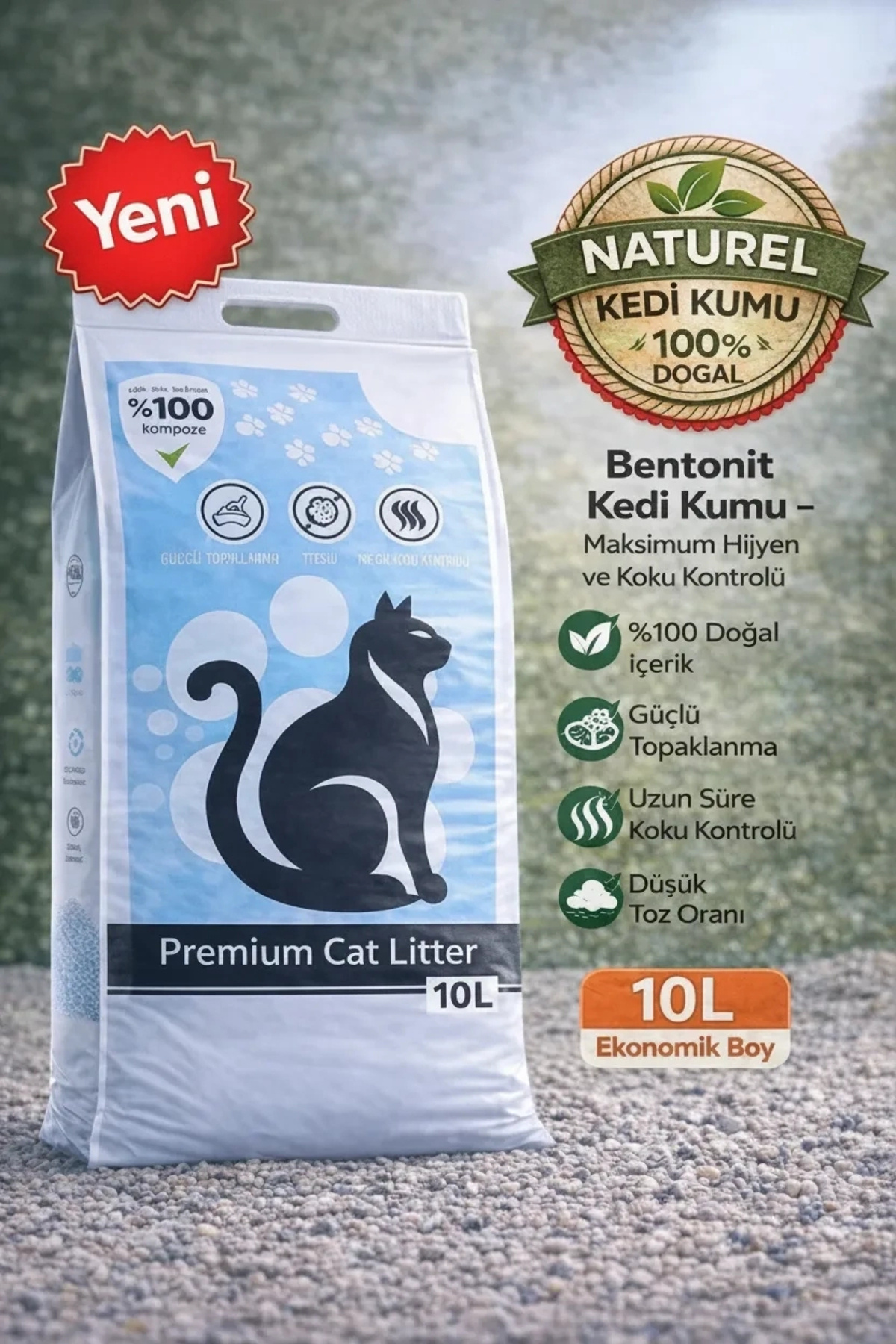 Biryirmi Bentonit Kedi Kumu 10 Litre %100 Beyaz Bentonit Kalın Taneli Kokusuz Tozsuz Topaklanan Premium Kedi
