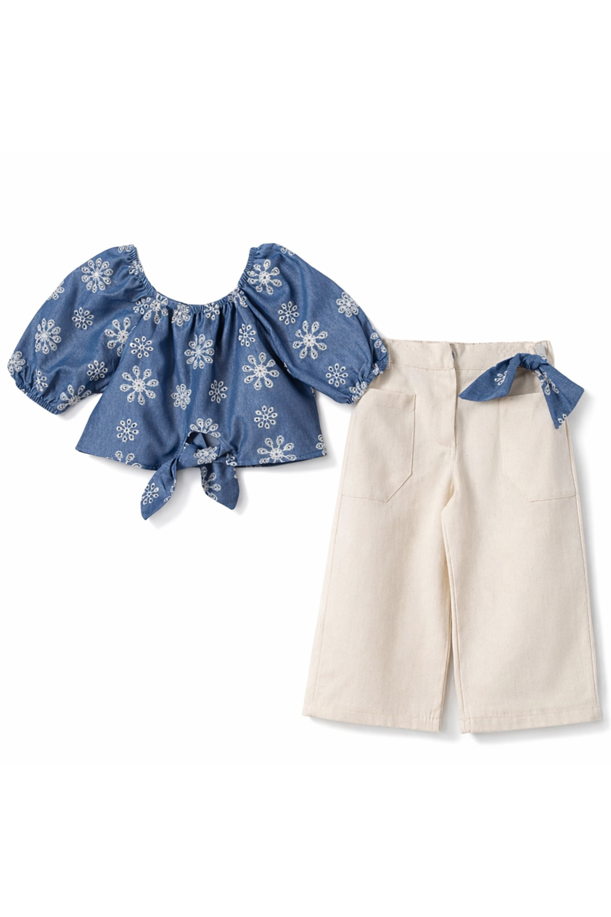 Generic Brands Girl's Embroidered Blouse and Cream Trousers Set for 2-3-4-5 Years Old Summer Stylish Comfortable Combination