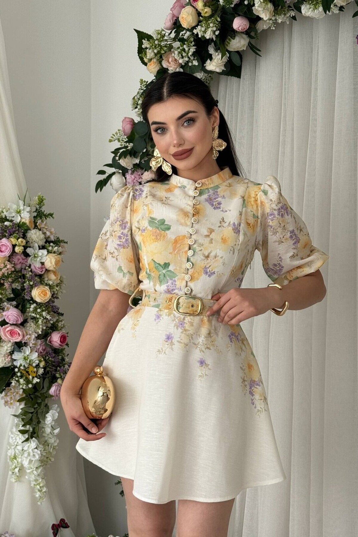 Floral Pattern Lined BELTED Button Detailed Mini Premium Linen Dress