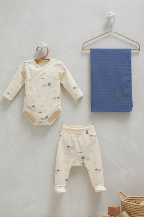 Caramell %100 Pamuk FİL Safari Desenli 3'lü Bebek Seti (0-3AY) Kruvaze Badi, ...