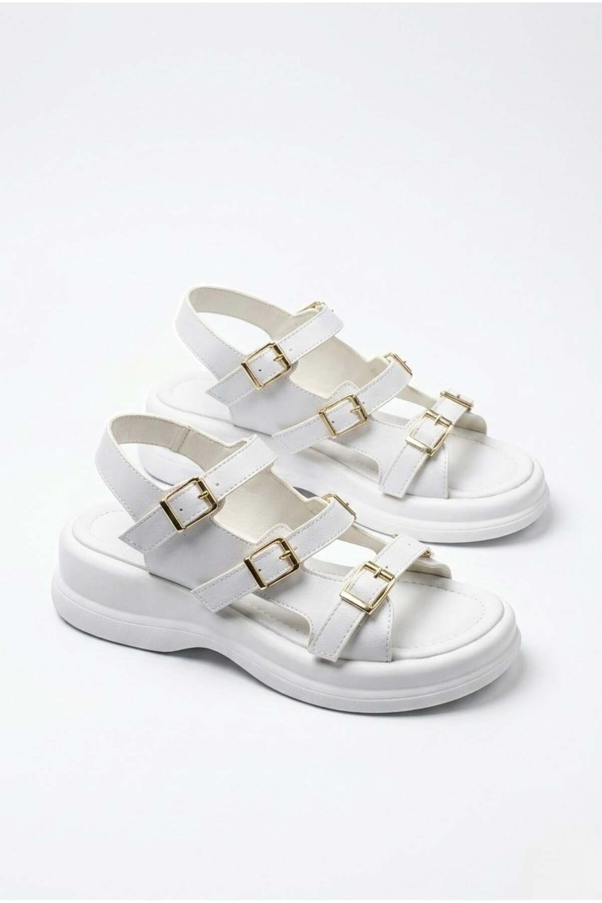 Women's White Thick Sole 3 Band Buckle Casual Casual Sandals