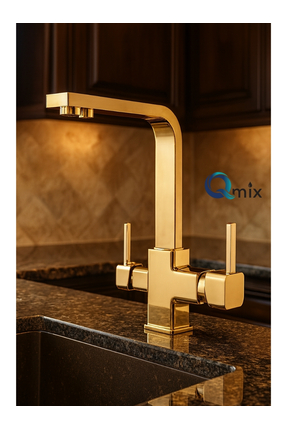 QMİX ARITMALI PİRİNÇ GÖVDE KARE MODEL LÜX MUTFAK EVİYE BATARYASI - PARLAK GOLD