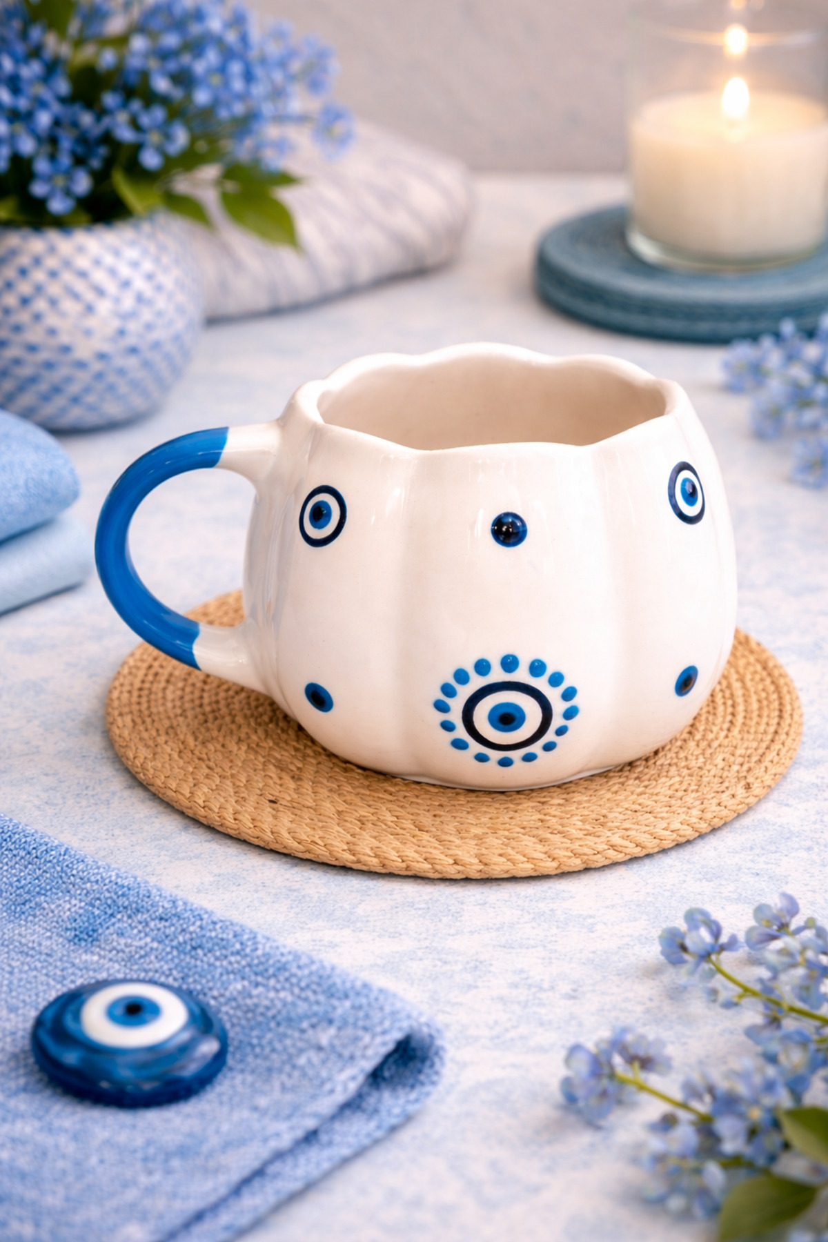 Evil Eye Patterned MOUTH WAVE DETAILED Custom Embossed Fully Handmade Ceramic Mug