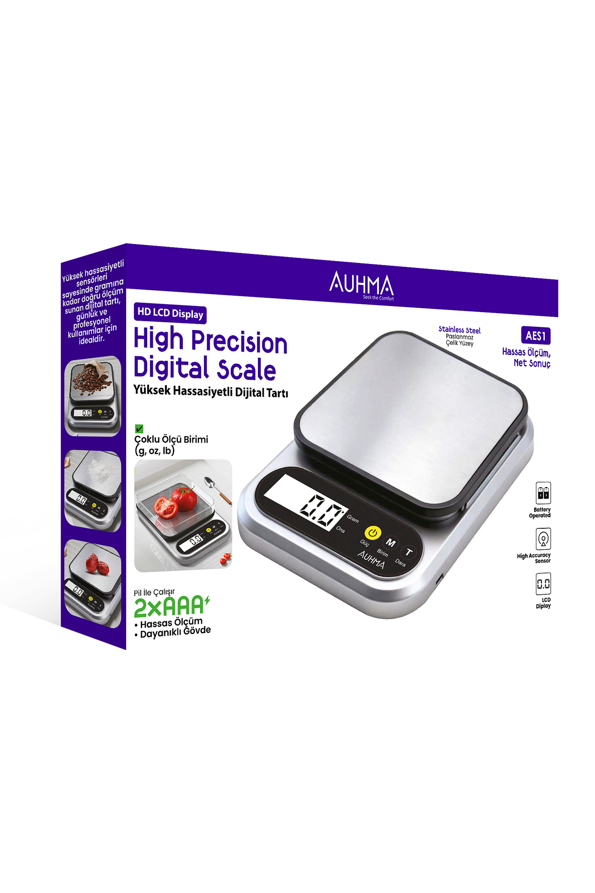 ترازوی دیجیتال آشپزخانه و قهوه AES1 با دقت بالا – سطح استیل ضد زنگ، صفحه نمایش LCD