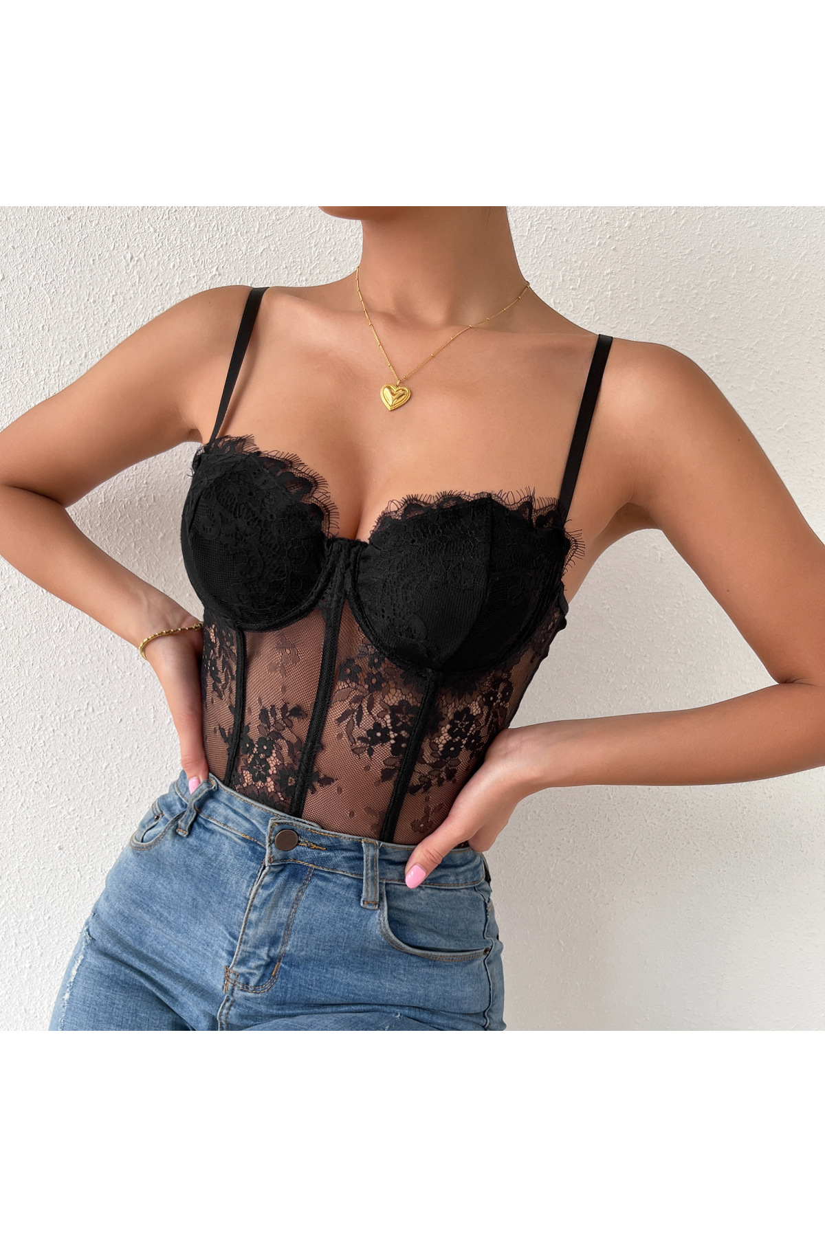 LA VALİENTE Pearl - Kadın Siyah Dantelli Balenli Korse Büstiyer - Transparan Askılı Body görsel 2