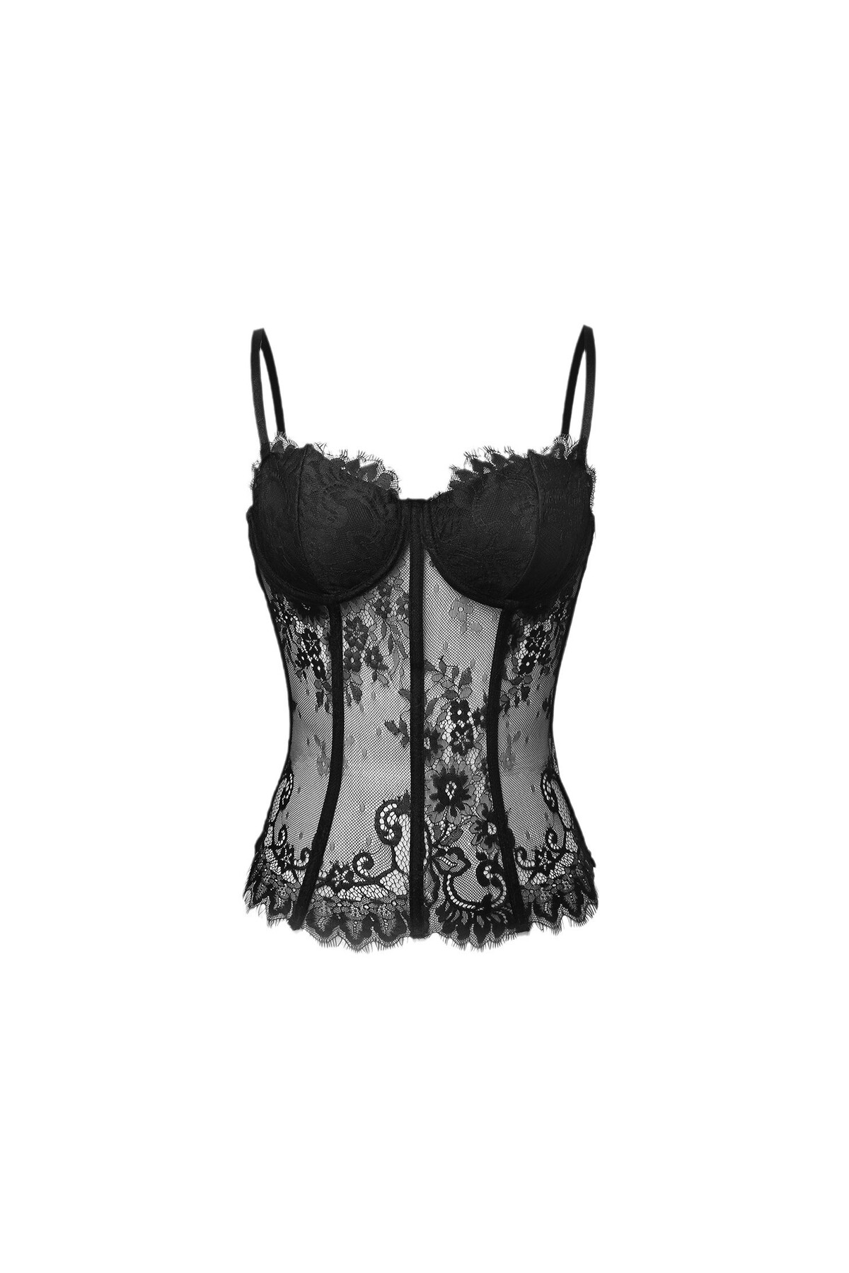 LA VALİENTE Pearl - Kadın Siyah Dantelli Balenli Korse Büstiyer - Transparan Askılı Body