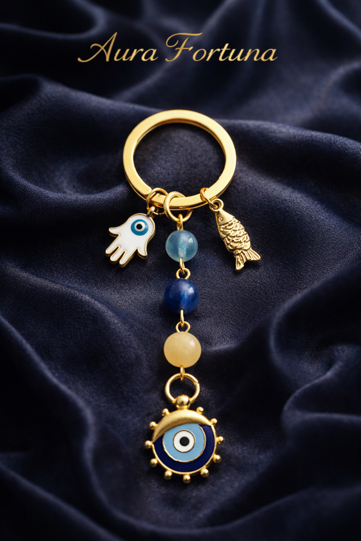 Aura Fortuna Evil Eye Charm Natural Gemstone - Hamsa - Pisces Keychain Bag Ornament