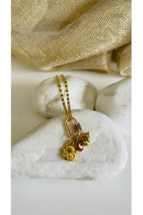 Casa D or Jewelry Lotus Çiçek Kırmızı Zirkon Charmlı Maneki Neko Gold Renk Şa...