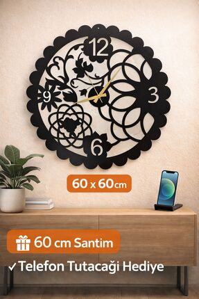 madam gold Dekoratif Sessiz Siyah Metal Duvar Saati 60x60 cm Metal Telefon Tu...