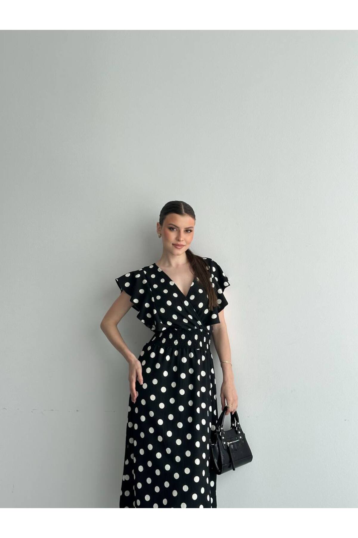İLKCET MODA Bürümcük Kumaş Siyah Puantiyeli Uzun Kadın Elbise görsel 7