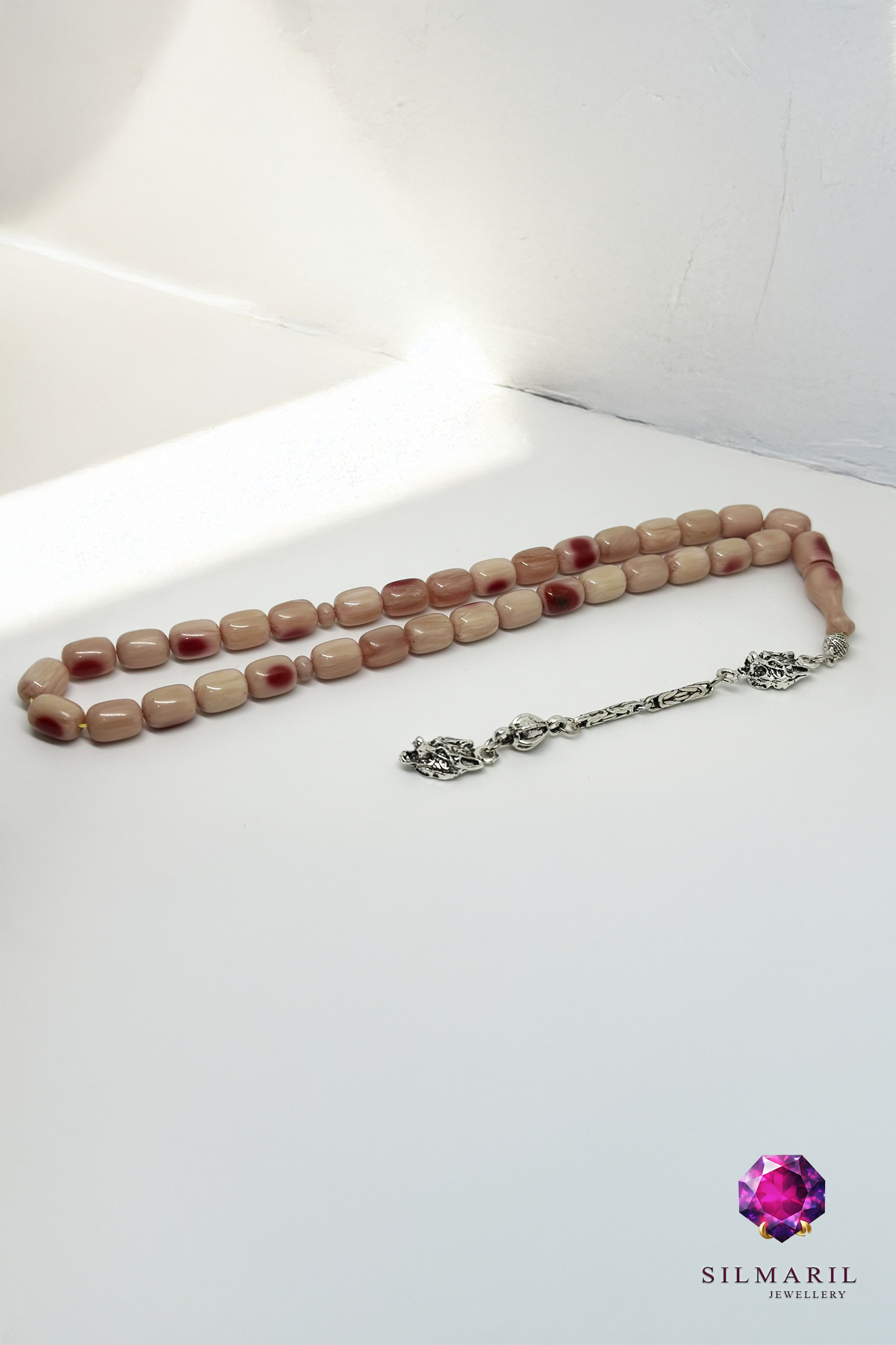 Benekli Kanayan Bağa Tespih | Açık Mor Sıkma Kehribar | Çift Kurt Başı Figür Zamanla Kızaran Tesbih — Silmaril Store (3)