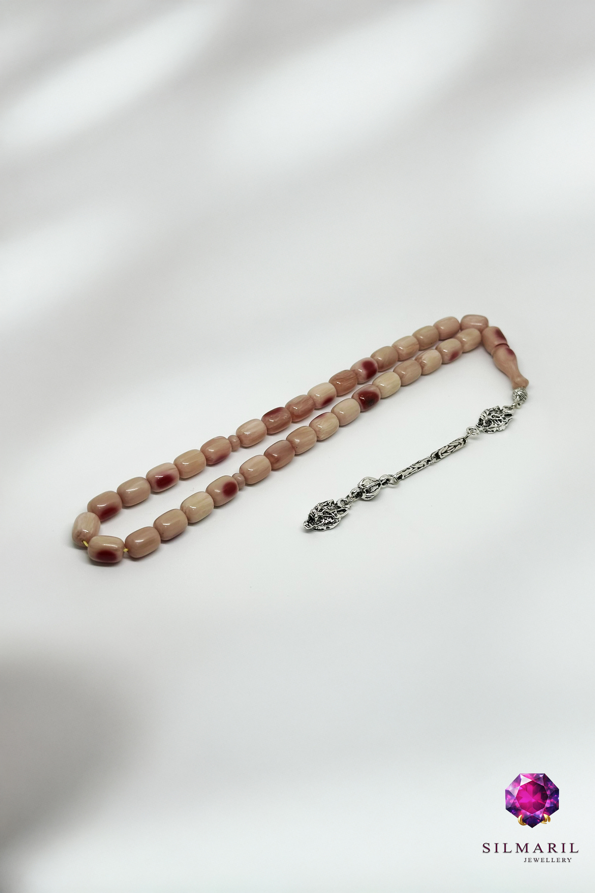 Benekli Kanayan Bağa Tespih | Açık Mor Sıkma Kehribar | Çift Kurt Başı Figür Zamanla Kızaran Tesbih — Silmaril Store (4)