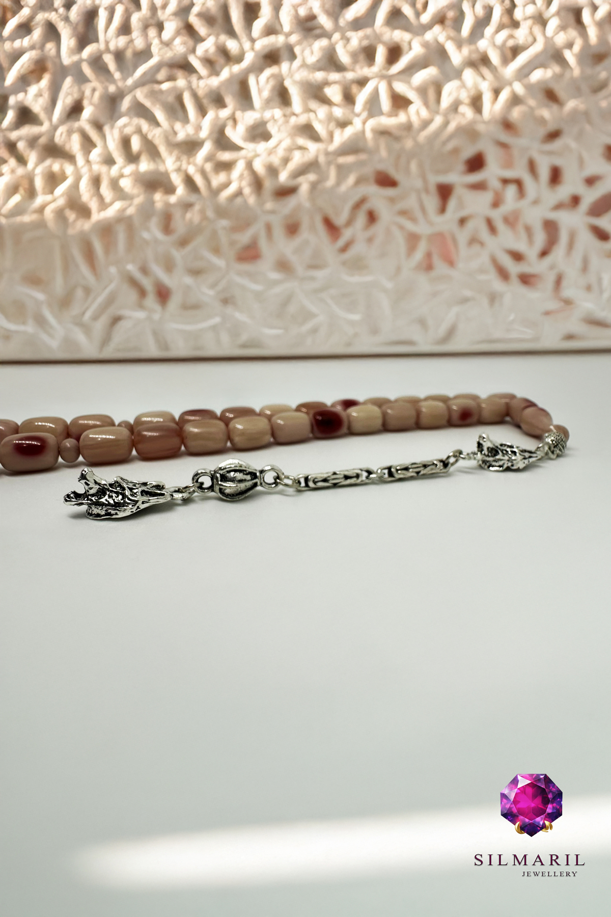 Benekli Kanayan Bağa Tespih | Açık Mor Sıkma Kehribar | Çift Kurt Başı Figür Zamanla Kızaran Tesbih — Silmaril Store (6)
