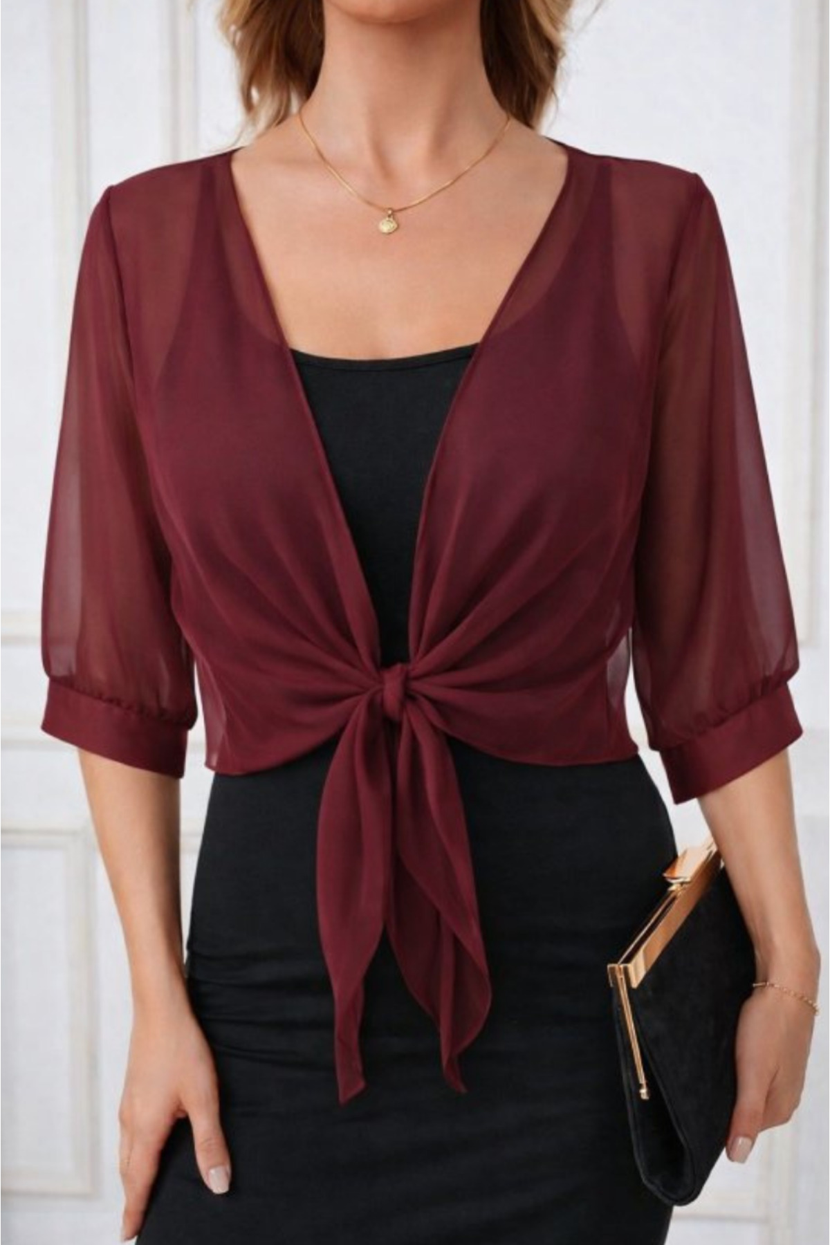 Kokosh moda  Kadın Truvakar Kol Önden Bağlamalı Kısa Şifon Bolero Ceket - Görsel 3