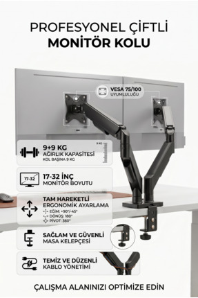 Soft Kare Çift Başlı Monitör Kolu 17-32 İnç VESA Uyumlu Ayarlanabilir Masaüst...