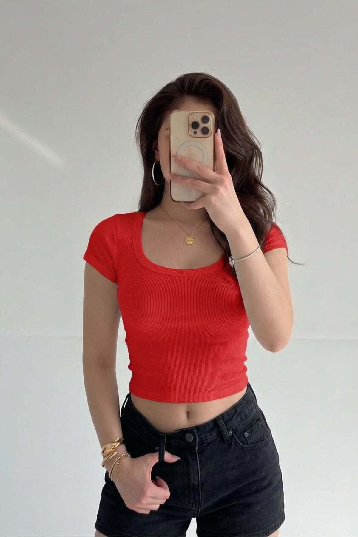 Women's Red U-Neck Short Sleeve Ribbed Camisole Blouse Bodysuit