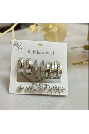 bacoss group FİYONK-İNCİLİ KALP ŞEKİLLİ 6 'LI ÇELİK KÜPE SETİ- STAINLESS STEE...