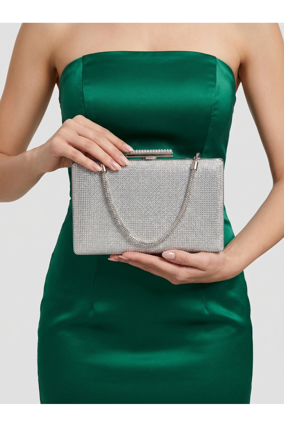 Silver Color One Side Stone Metal Handle Women's Evening Dress Bag Wedding Engagement Graduation