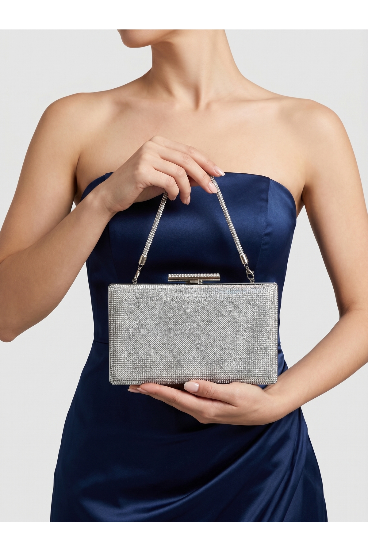 Silver Color One Side Stone Metal Handle Women's Evening Dress Bag Wedding Engagement Graduation