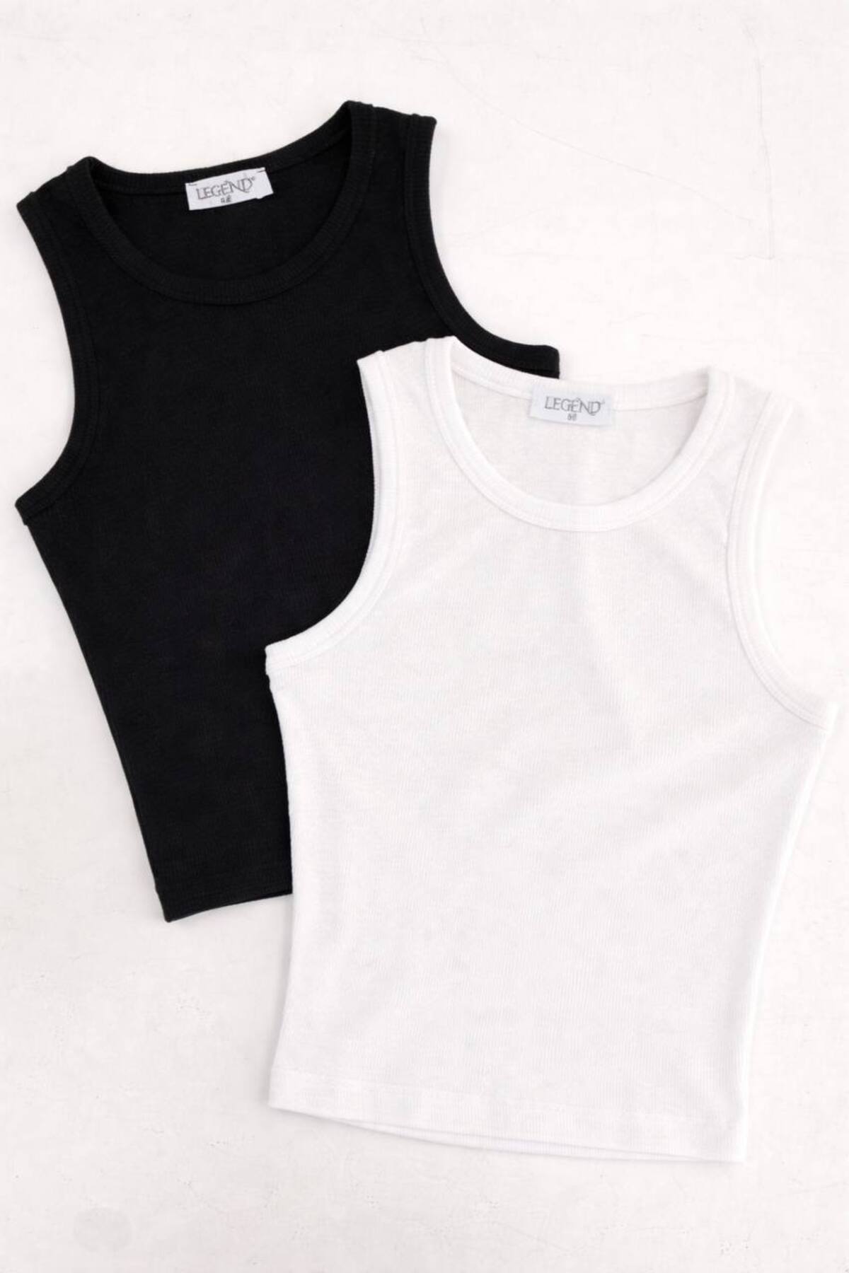 Legend 2'li set Premium Doku Pamuklu Siyah ve Beyaz Halter Yaka Crop