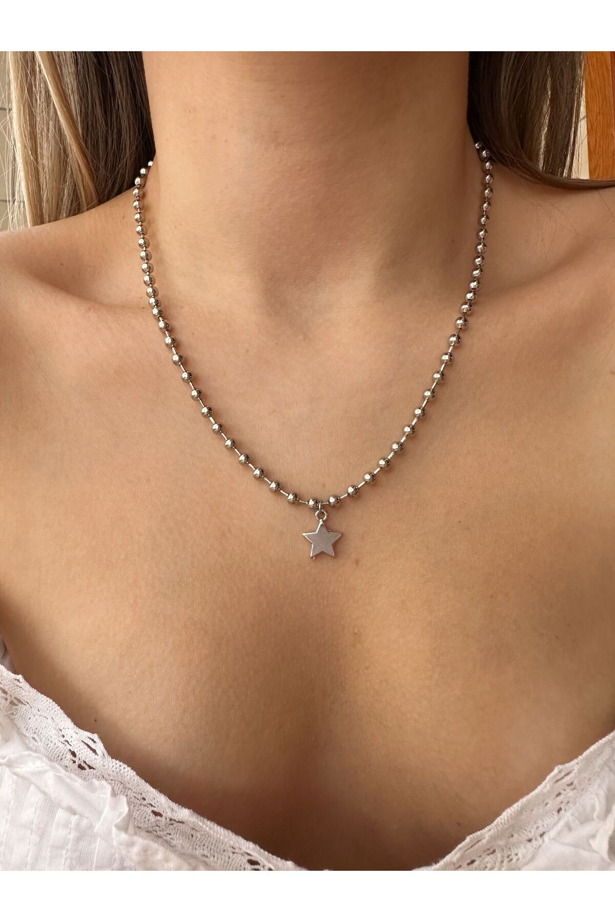 Yıldız Charm Detaylı Gümüş Kalın Zincir 45 Cm Kadın Kolye - Detay Görseli 2