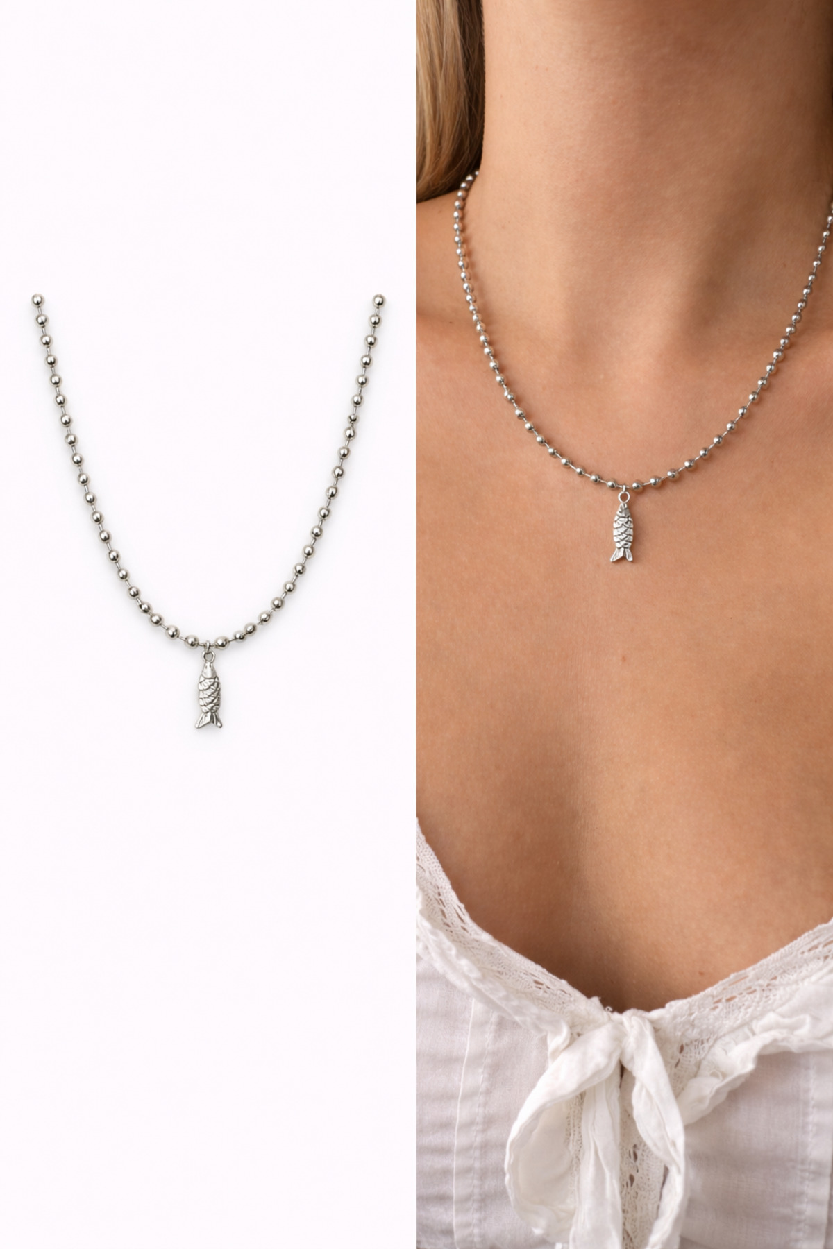 Balık Charm Top Detaylı Kalın Gümüş Zincir 45 Cm Kadın Kolye