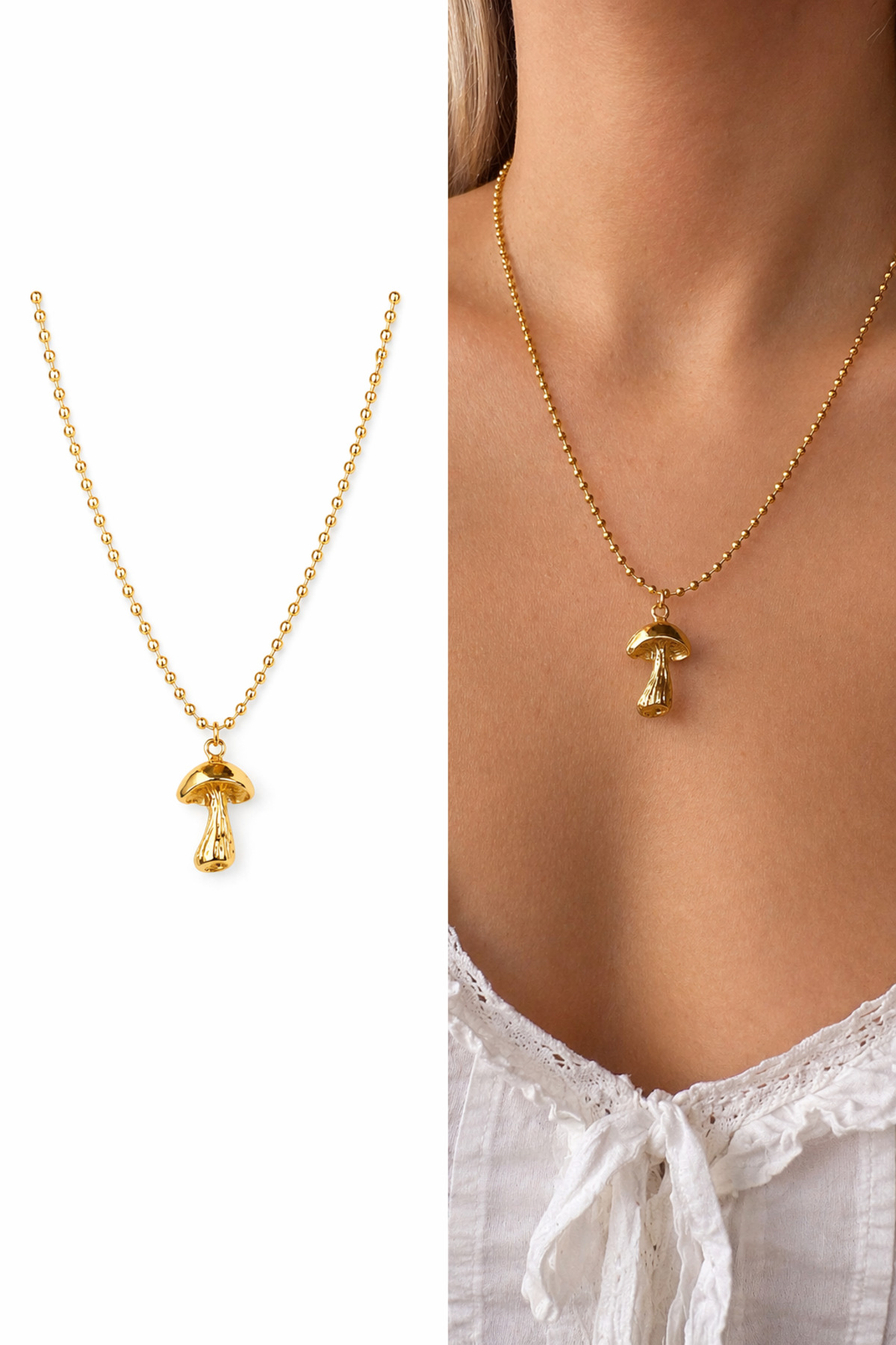 Mantar Charm Top Detaylı Kalın Gold Zincir 45 Cm Kadın Kolye