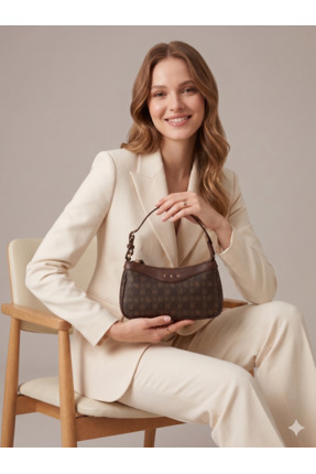 Derinbags Premium Lüks Kahverengi Desenli Baget Mini Kadın Omuz Çantası Şık G...