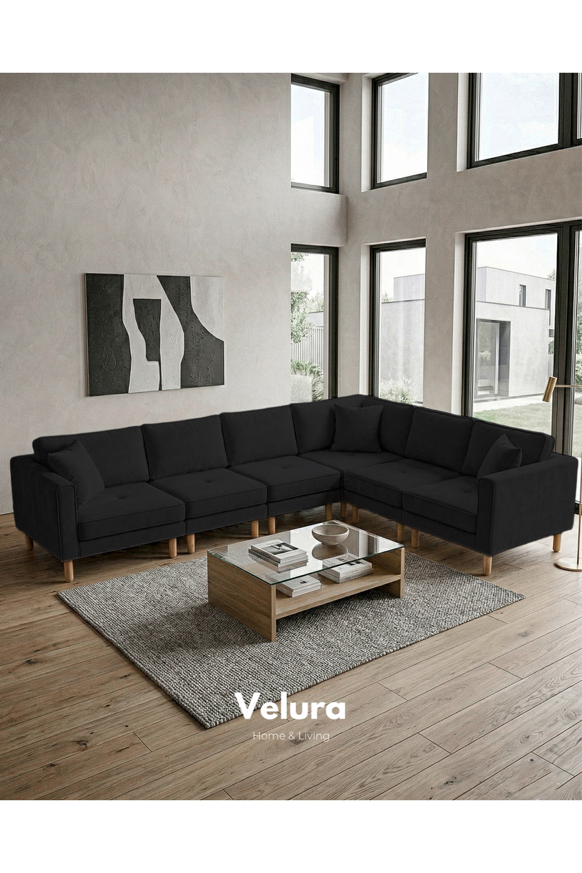 Armin Smart 6 Modules Corner Sofa Set & Modular Bed Corner Set - Velvet - Black