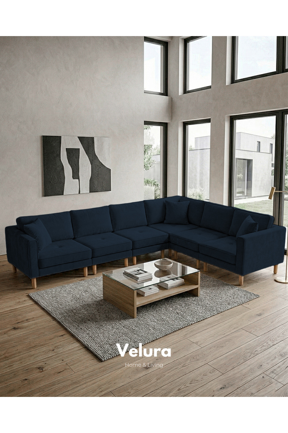 Armin Smart 6 Modules Corner Sofa Set & Modular Bed Corner Set - Velvet - Navy