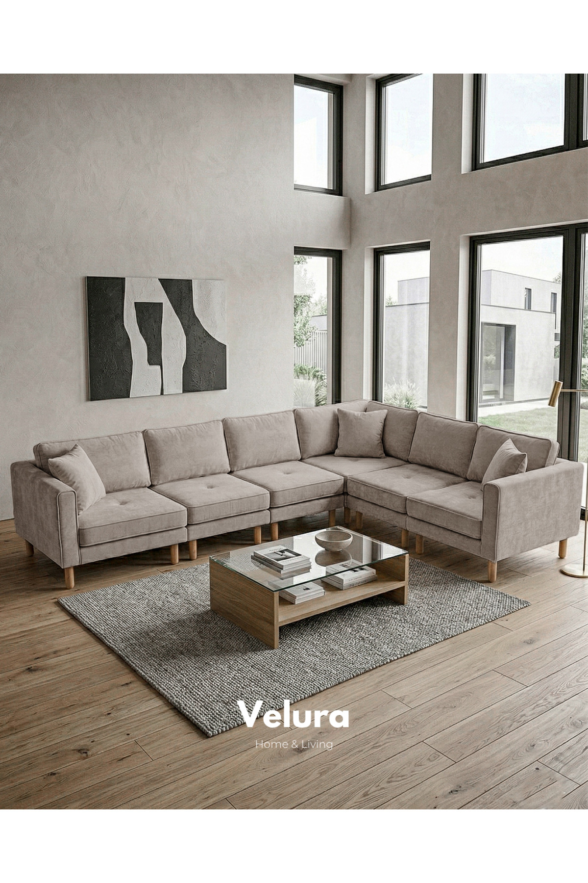 Armin Smart 6 Modules Corner Sofa Set & Modular Bed Corner Set - Velvet - Latte