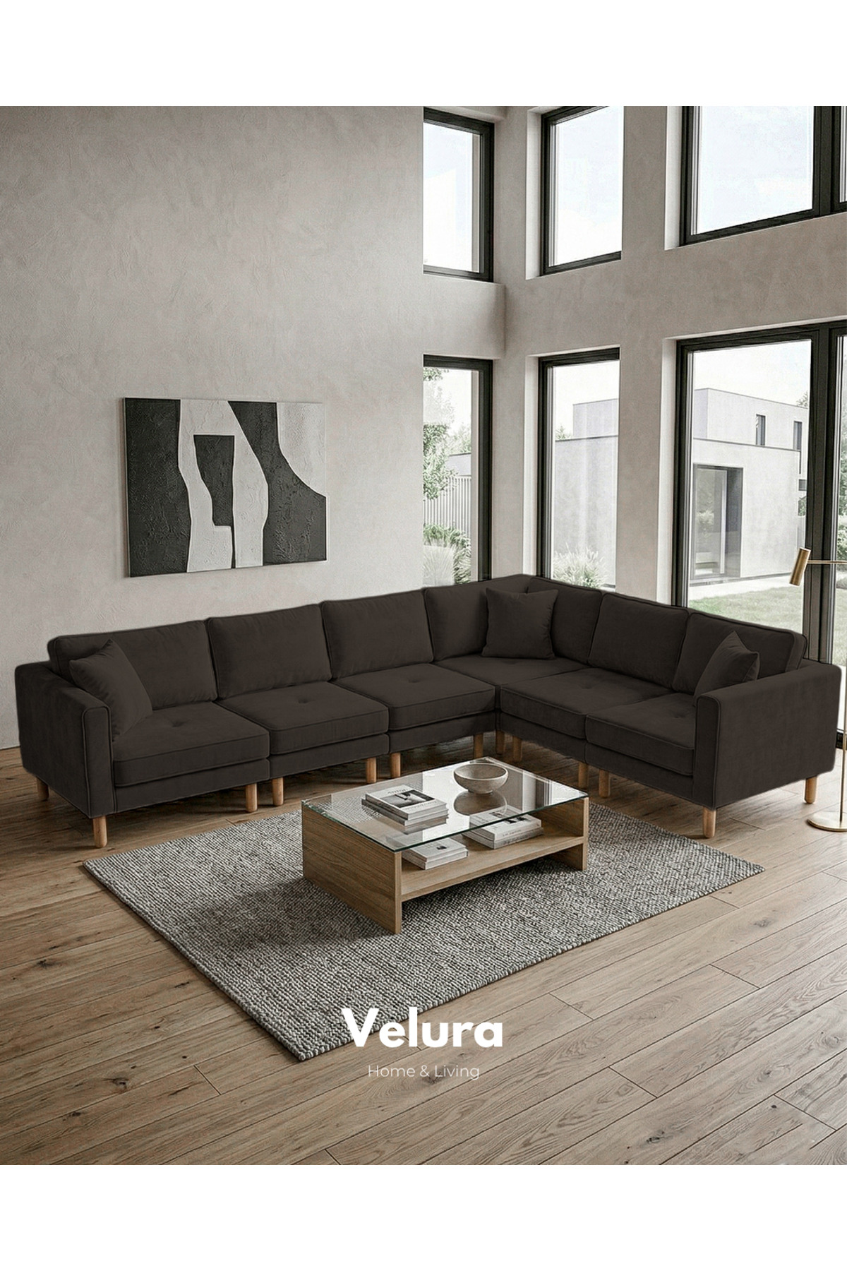 Armin Smart 6 Modules Corner Sofa Set & Modular Bed Corner Set - Velvet - Dark Coffee