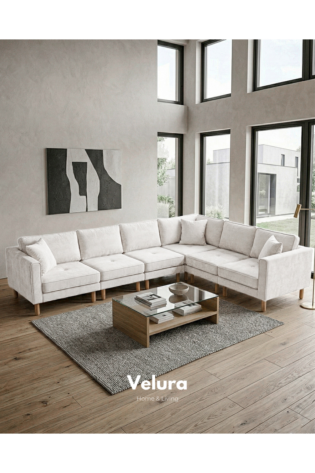 Armin Smart 6 Modules Corner Sofa Set & Modular Bed Corner Set - Velvet - Gray