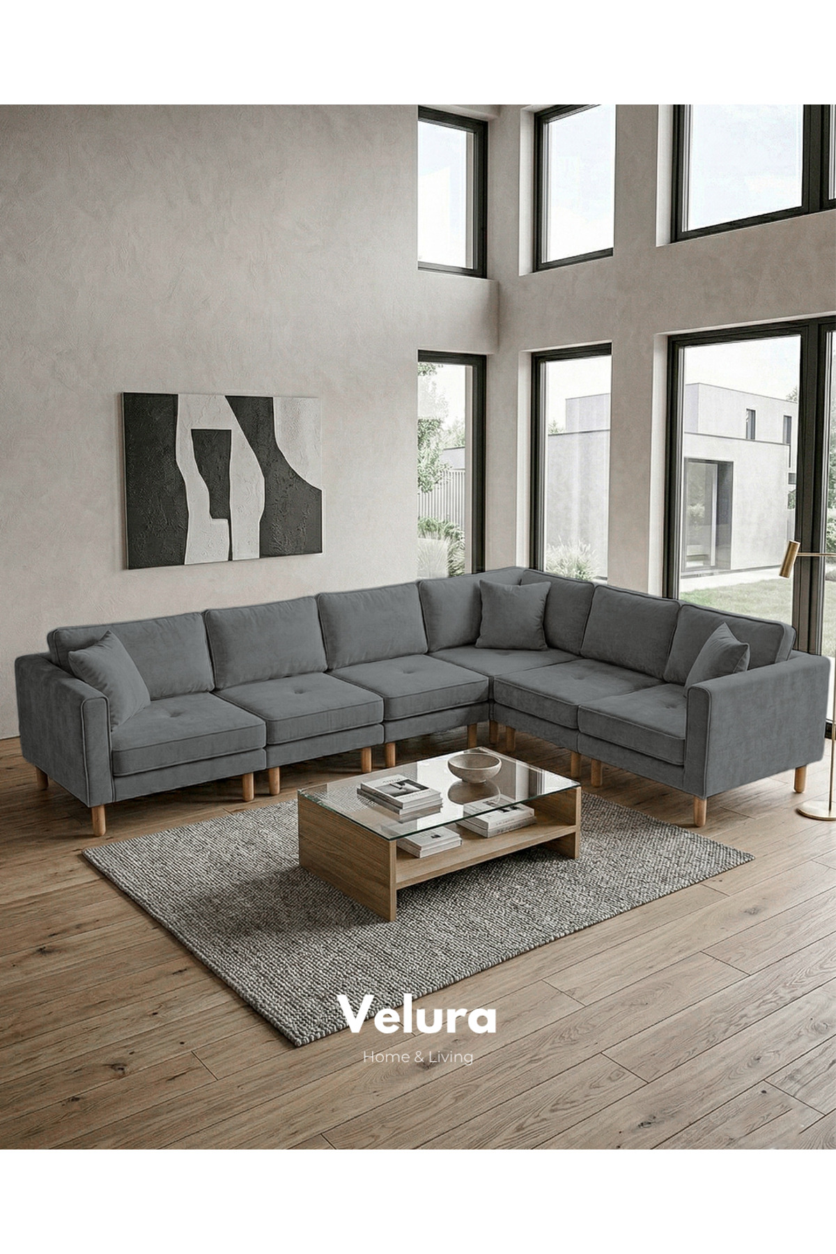 Armin Smart 6 Modules Corner Sofa Set & Modular Bed Corner Set - Velvet - Dark Grey
