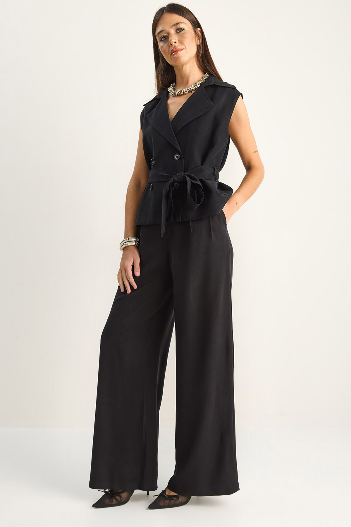 Women's Wrap Collar Classic Vest with Belt High Waist Palazzo Pants Modal Set 9418 60286159