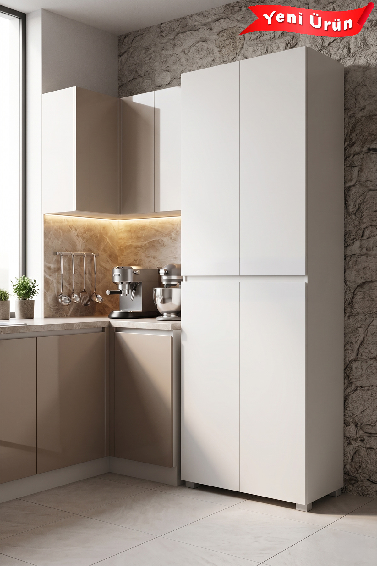 Platinreyon Mega Beyaz 4 Kapaklı 8 Raflı Mutfak ve Kiler Dolabı