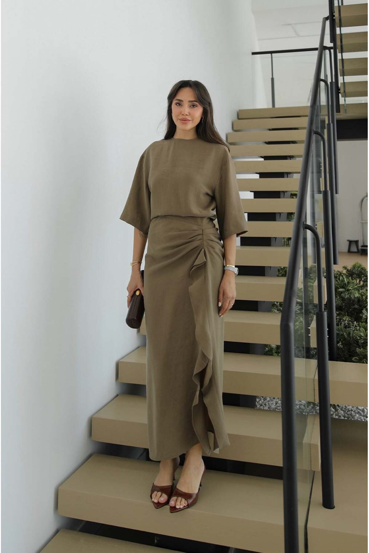 Oil Green Morley Side Shirred Detailed Dress