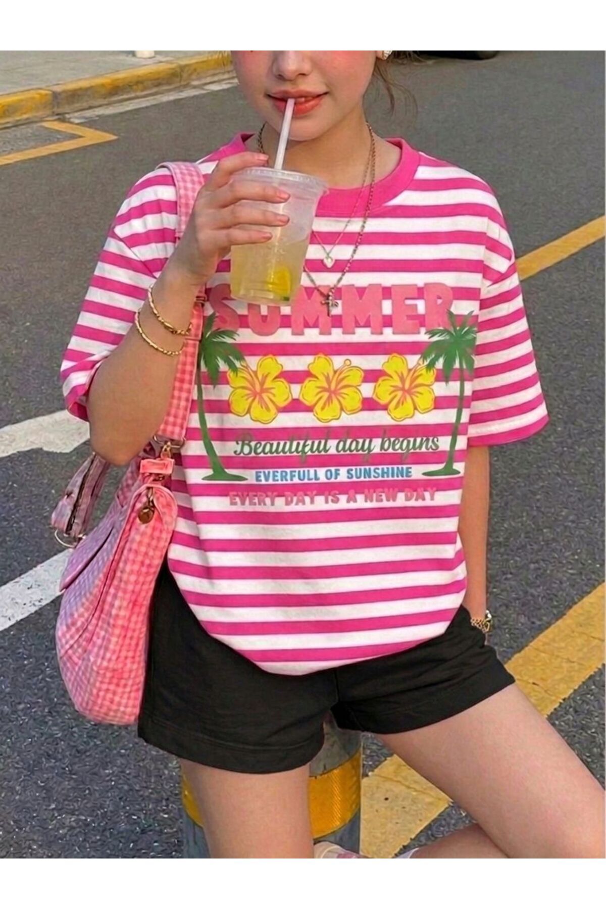 Girls Pink White Horizontal Striped Summer Printed T-Shirt-Black Shorts Set