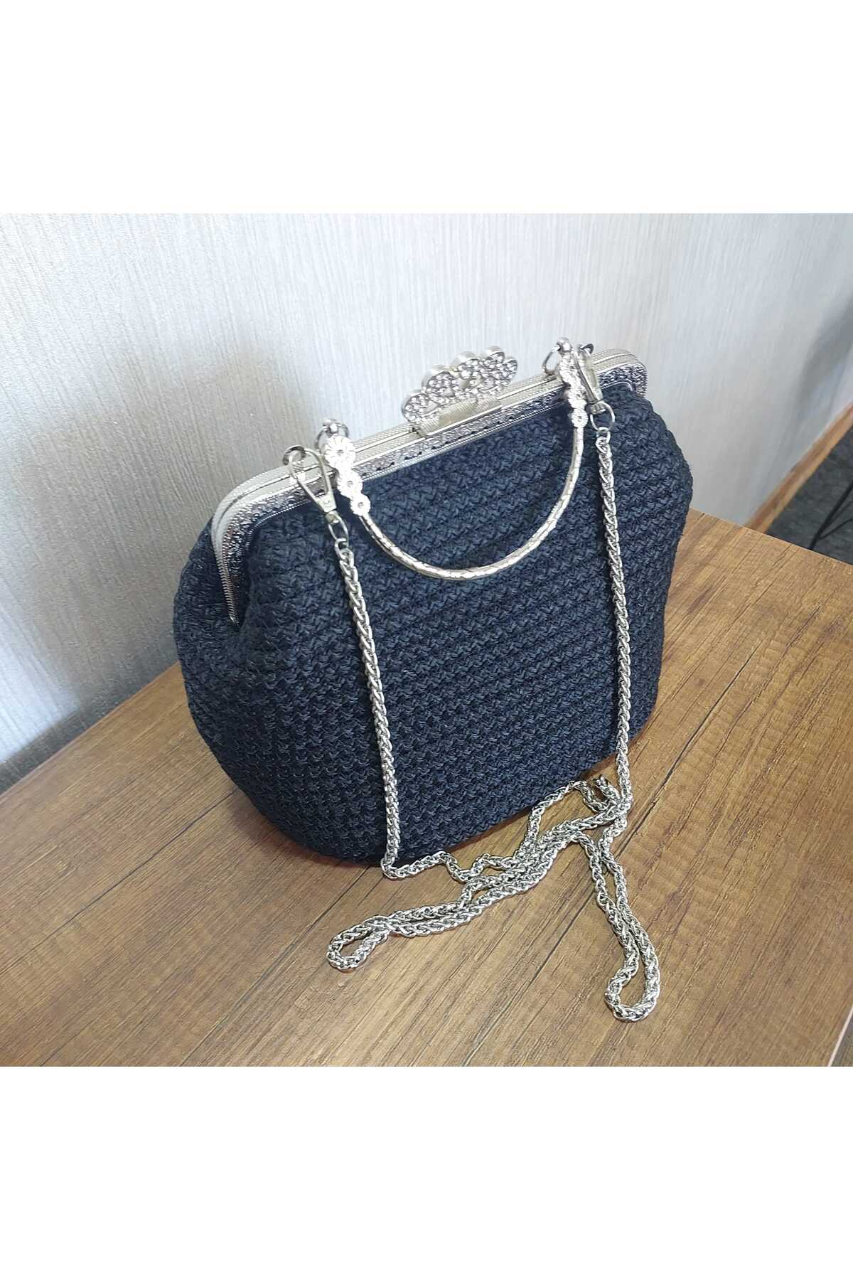 Vintage Gümüş Burslu El Örgüsü Siyah Omuz Çantası 5