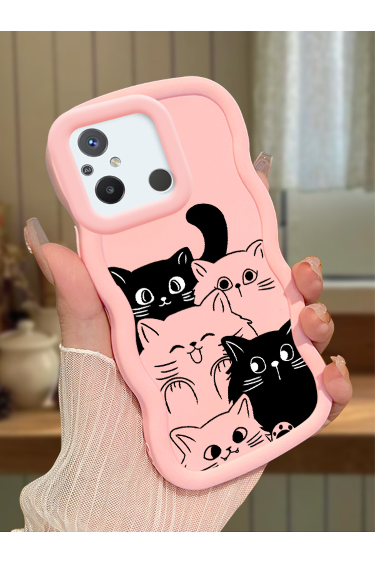 Redmi 12c Compatible Pink Silicone Case Camera Shock Absorbing Design Cat Pattern